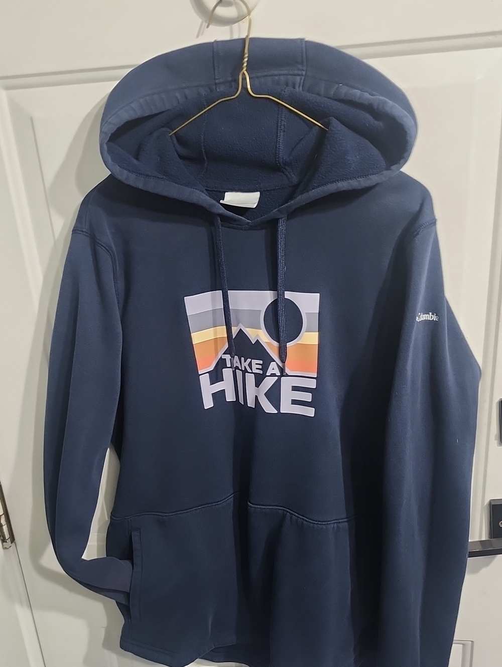 Columbia Navy Hoodie with Multicolor 'Take a Hike' Graphic